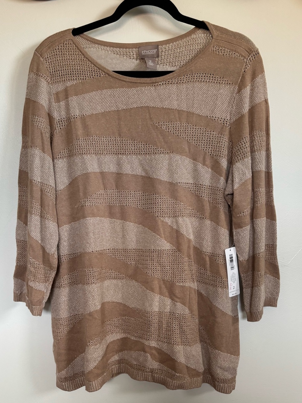 Chico’s NWT Taupe Open Knit Pullover Sweater Size 2 L/XL Cotton Rayon